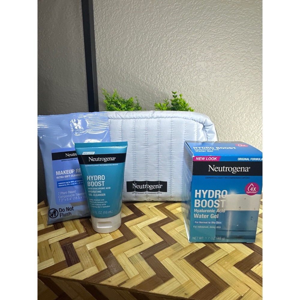 Neutrogena Hydro Boost Skincare Set Water Gel Cleanser Wipes & Quilted Bag NEW